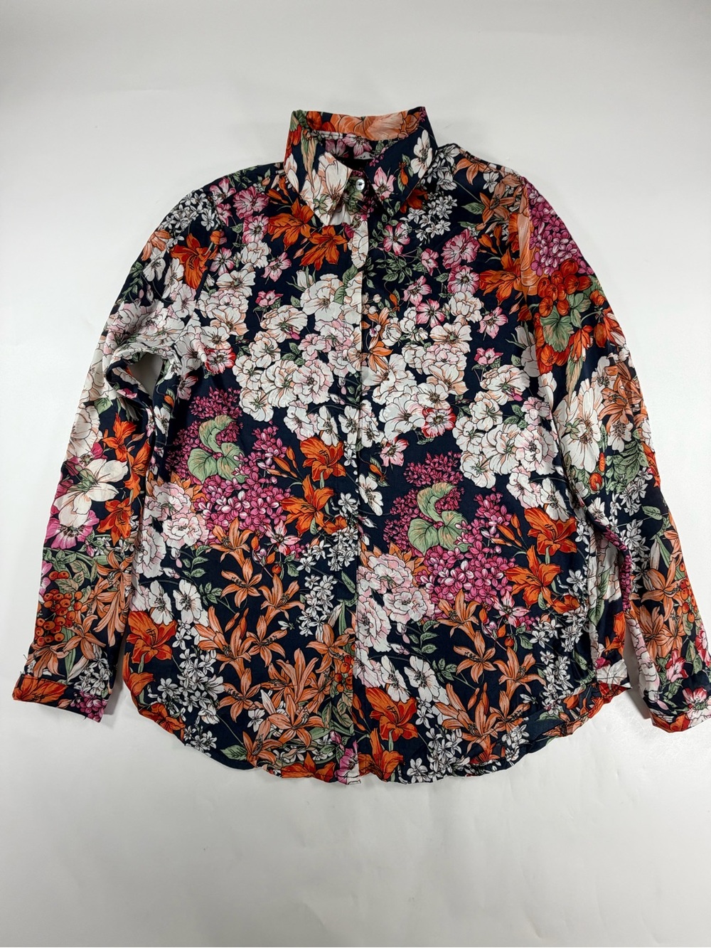 Zara Woman Botanical Floral Button Down Shirt Navy Orange Pink Size M